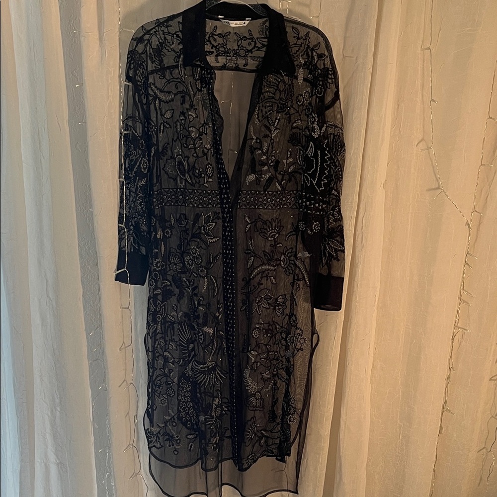 Zara Black Sheer Embroidered Trench Coat